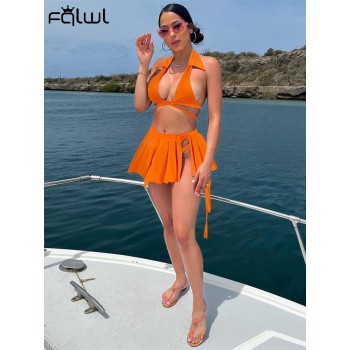 Summer Casual Three 3 Piece Sets Skirts Women Sleeveless Bandage Crop Top Mini Pleated Skirts Orange Matching Dress Sets